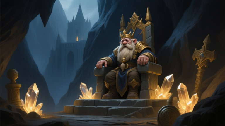 自动生成图片: Epic fantasy game scene, a sorrowful yet majestic dwarven king sitting on a stone throne deep inside a mountain fortress, surrounded by glowing crystals and ancient relics, dark fantasy art style, muted gold and deep blue color palette high quality illustration, detailed, 16:9