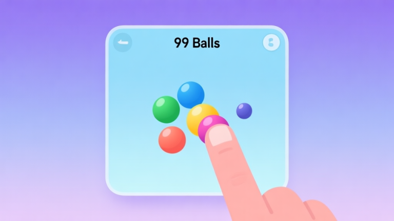 自动生成图片: A minimalist, calming game interface illustration of 99 Balls, showing a finger tapping a colored ball that splits into smaller ones, against a soft gradient background of pastel blues and purples, flat design style high quality illustration, detailed, 16:9