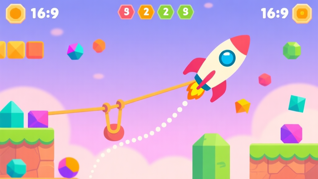 A vibrant, stylized 2D game screenshot showing a cartoon rocket on a slingshot, with dotted trajectory lines, colorful geometric obstacles, and floating score numbers, in a cheerful pastel color palette high quality illustration, detailed, 16:9