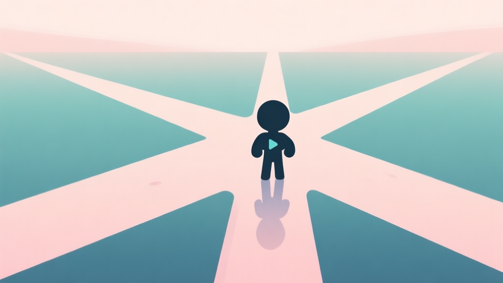 A minimalist, clean illustration showing a video game character silhouette at a crossroads between two distinct paths in a soft, pastel-colored environment, representing player choice and exploration high quality illustration, detailed, 16:9