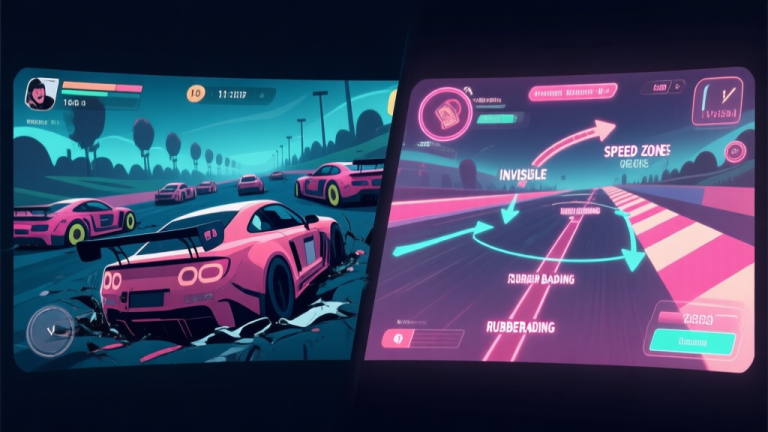 自动生成图片: Side-by-side comparison of a racing game screen. Left: Player's car seems stuck behind others with repetitive scenery. Right: Visual overlay showing invisible speed zones and rubber banding mechanics, with arrows indicating momentum flow. Game UI style, soft neon colors on dark background. high quality illustration, detailed, 16:9