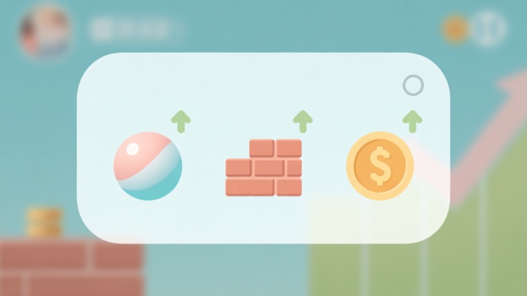 自动生成图片: A minimalist game UI overlay showing simple icons for balls, bricks, and currency, with subtle upward trend arrows, soft pastel color scheme, clean design high quality illustration, detailed, 16:9