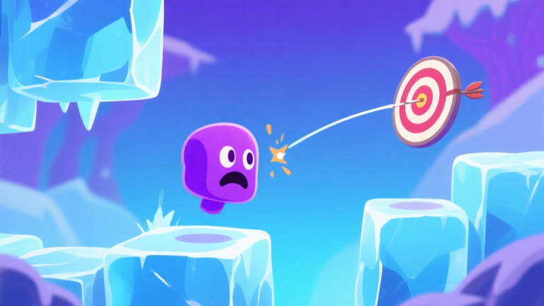 自动生成图片: A stylized, playful game screenshot of Icy Purple Head 2 showing the purple head bouncing between ice blocks and a target, with subtle trajectory lines and impact points highlighted, in a cool blue and purple color palette high quality illustration, detailed, 16:9