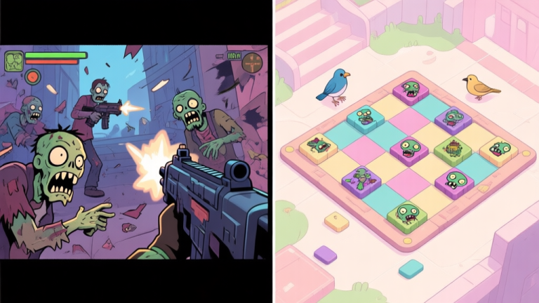 自动生成图片: A split-screen illustration showing contrasting game scenes: on one side, a chaotic first-person shooter with zombies; on the other, a calm, strategic bird's-eye view of a puzzle board with zombie-themed tiles, in a soft pastel color palette high quality illustration, detailed, 16:9