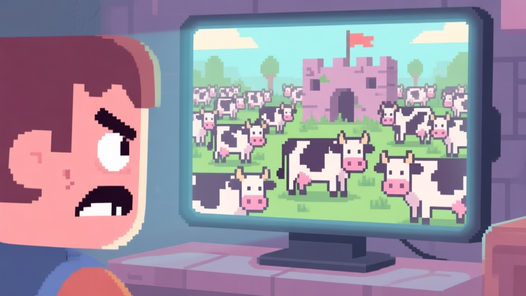 A frustrated game character looking at a screen showing a horde of pixel-art zombie cows overrunning their base, in a soft pastel color palette, flat design style high quality illustration, detailed, 16:9