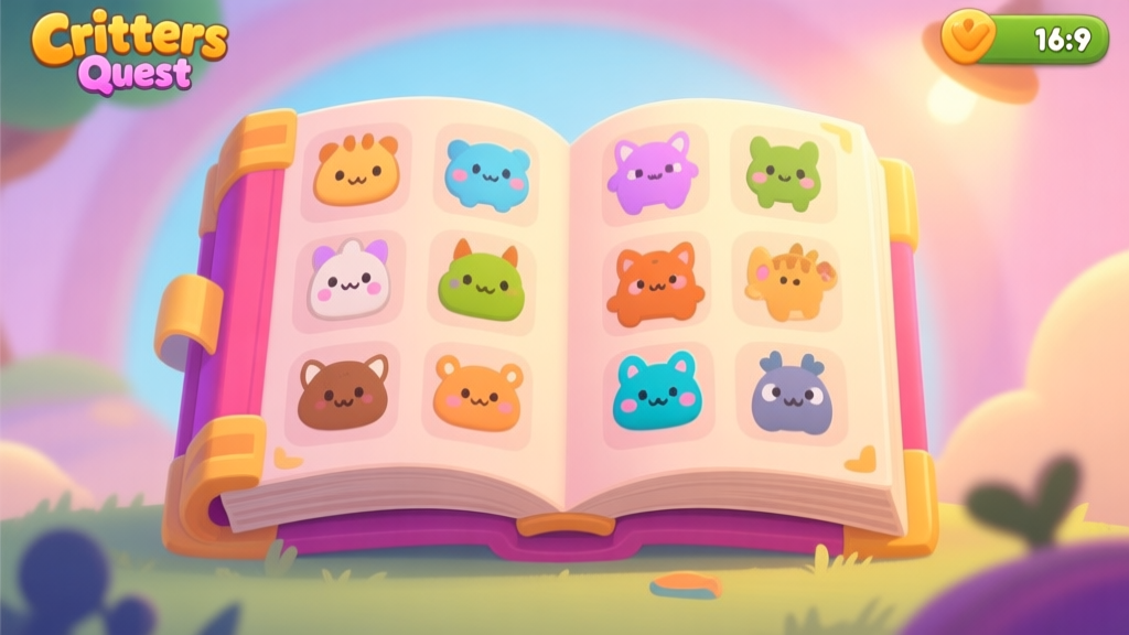 A cozy, inviting game screen illustration of Critters Quest showing a vibrant collection book with various cute creature icons, soft pastel background, warm lighting high quality illustration, detailed, 16:9