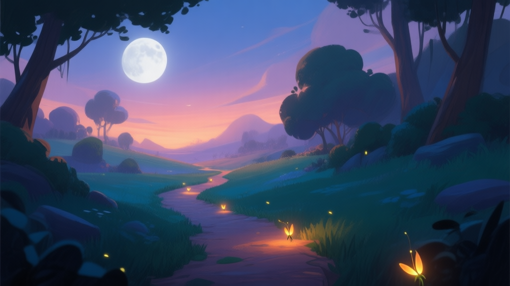 A serene, painterly video game landscape at dusk, with a hidden path glowing softly beside a main moonlit trail, warm and cool color contrast, subtle fireflies leading the way high quality illustration, detailed, 16:9