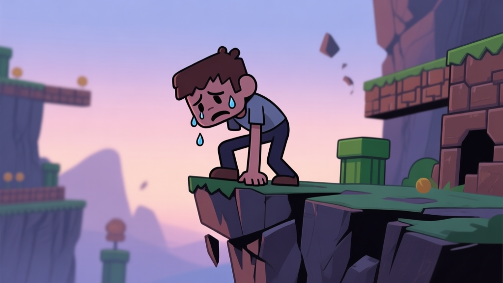 A stylized video game character in a platformer setting, visibly exhausted with sweat drops and bent knees, standing precariously on the edge of a crumbling cliff, soft twilight color palette high quality illustration, detailed, 16:9