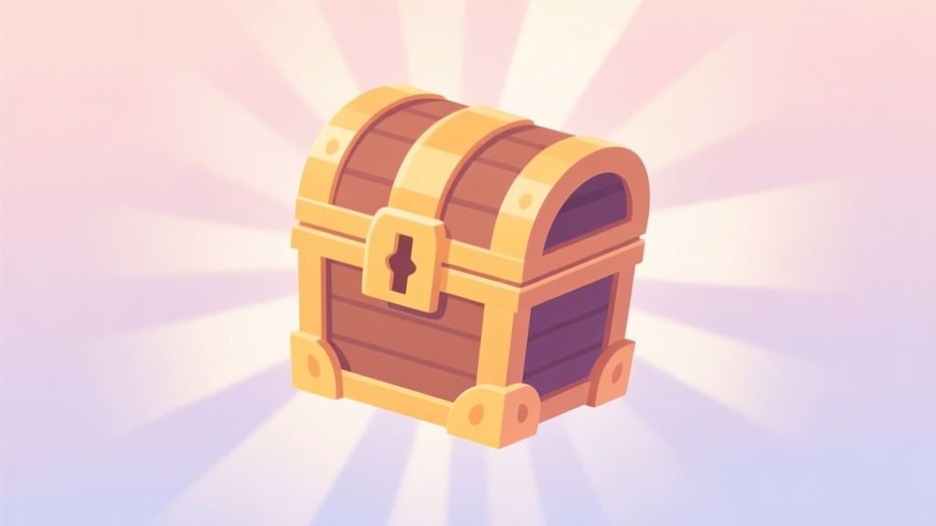 A stylized, inviting loot box floating against a soft pastel background, with gentle light rays emanating from its edges, flat illustration style high quality illustration, detailed, 16:9