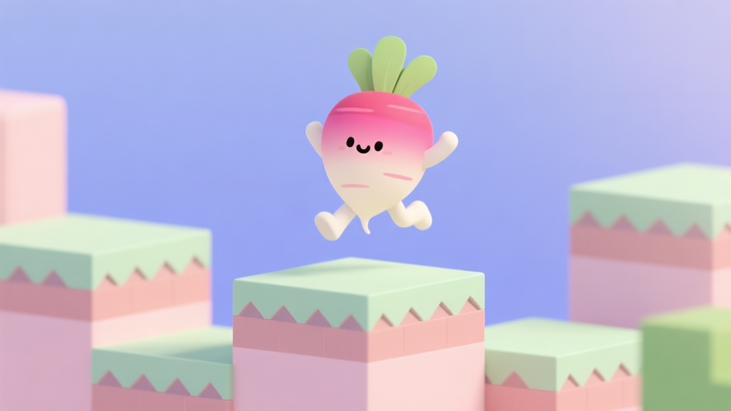 A cute, simple radish-shaped character with a flat expression mid-jump over a series of geometric platforms, soft pastel color palette, minimalist game art style high quality illustration, detailed, 16:9