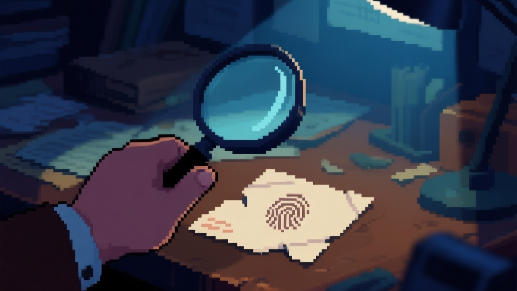 A close-up view of a detective's hand holding a magnifying glass over a dimly lit, cluttered desk in a video game. The glass highlights a barely visible fingerprint on a torn letter, while the rest of the scene is softly blurred. Moody lighting, pixel-art style with a dark blue and brown color palette. high quality illustration, detailed, 16:9