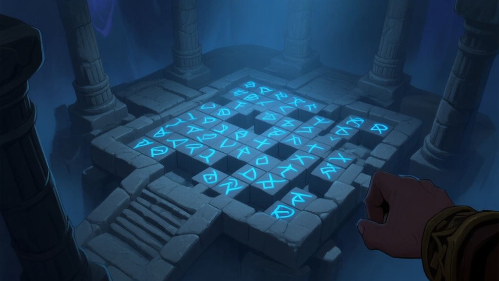 A dimly lit, atmospheric game scene showing a complex ancient stone puzzle mechanism (Tetrapylae) with glowing blue runes, partially solved, viewed from a frustrated player's perspective, soft color palette of dark blues and greys high quality illustration, detailed, 16:9