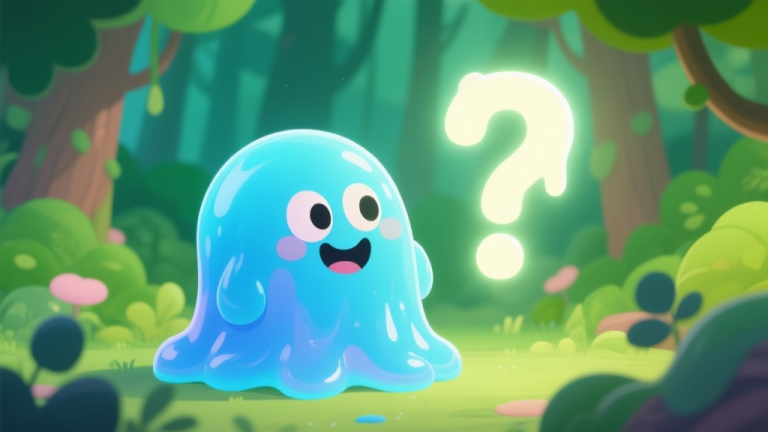自动生成图片: A cheerful, gelatinous blue slime character in a vibrant green forest, looking curiously at a glowing question mark, soft pastel color palette, cartoon style high quality illustration, detailed, 16:9