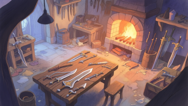 自动生成图片: A cozy, slightly messy fantasy workshop interior, warm lighting from a forge, various unfinished weapons on a wooden table, top-down view, soft watercolor style, gentle colors high quality illustration, detailed, 16:9