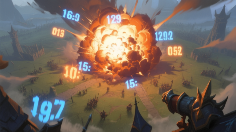 自动生成图片: A dynamic, top-down view of a fantasy RPG battlefield, a massive magical explosion erupting at the center with multiple damage numbers popping up, soft glow effects, muted color palette with bright orange and blue accents high quality illustration, detailed, 16:9