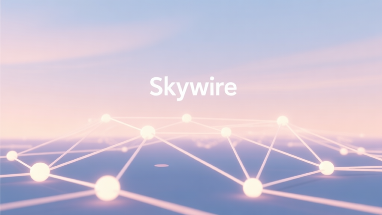 自动生成图片: A serene, minimalist 3D scene showing a glowing, interconnected network of nodes and lines against a soft gradient sky, representing the Skywire concept, in a flat design style with pastel colors high quality illustration, detailed, 16:9
