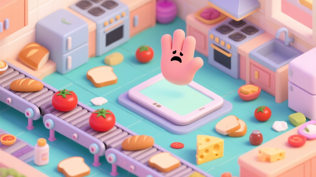 A top-down view of a colorful, slightly chaotic game kitchen with conveyor belts, various food ingredients like tomatoes, bread, and cheese scattered about, and a frustrated cartoon hand hovering over the screen, soft pastel color palette, isometric view high quality illustration, detailed, 16:9