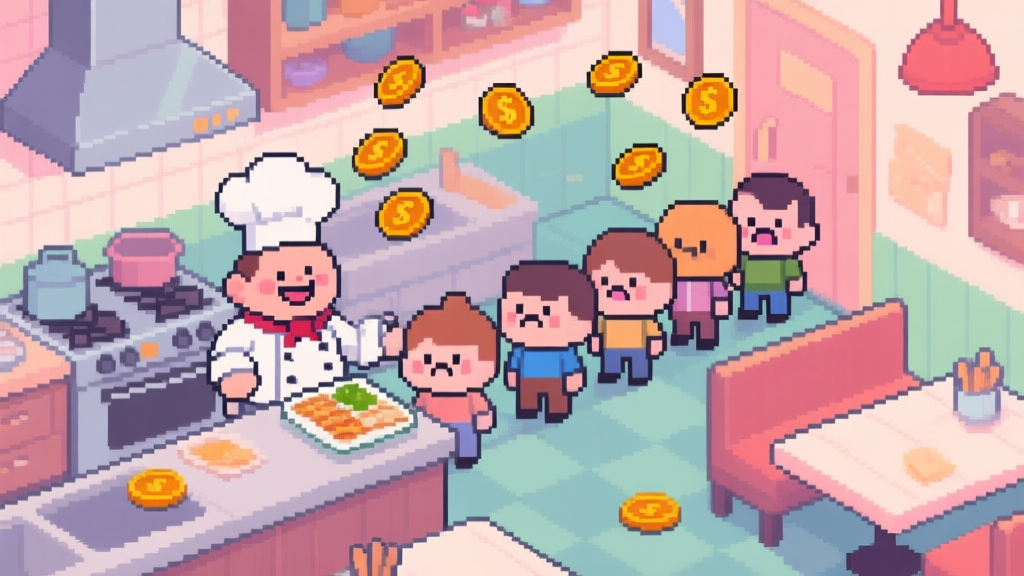 A cozy, slightly chaotic pixel-art restaurant kitchen from a top-down view, with a smiling chef character, a queue of cute customer sprites looking impatient, and coins floating above a completed order, soft pastel color palette high quality illustration, detailed, 16:9