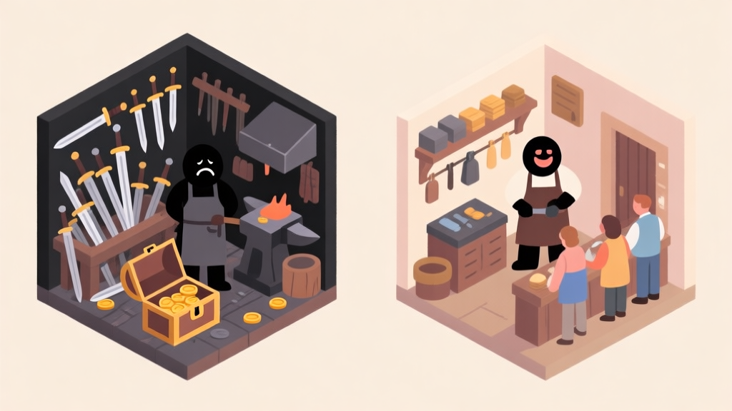 A minimalist, isometric illustration of a small, cluttered blacksmith shop. One side shows a chaotic scene with overflowing swords and a sad-faced blacksmith by an empty coin chest. The other side is neat, organized, with a happy blacksmith and a steady flow of customers. Soft, muted color palette with warm and cool contrast. high quality illustration, detailed, 16:9