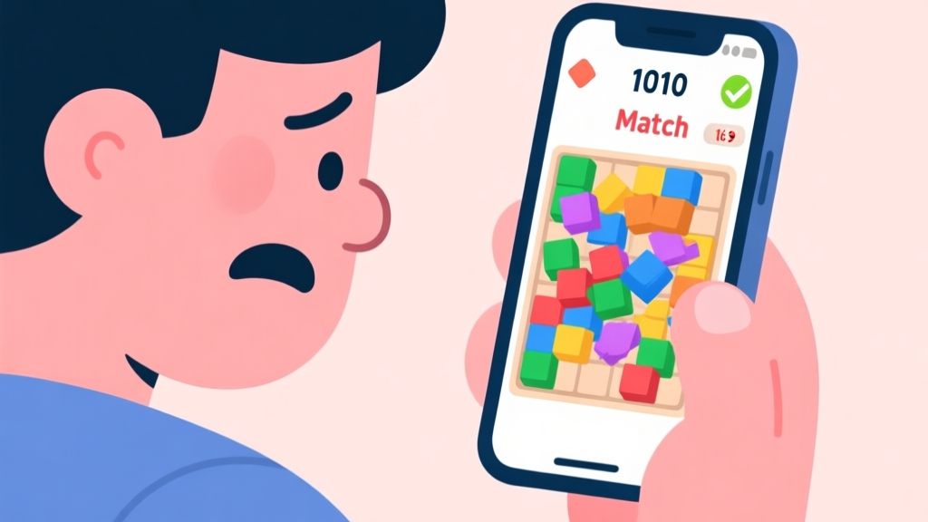A frustrated player looking at a smartphone screen showing a messy 1010 Color Match game board with cluttered blocks and a low score, in a flat illustration style with soft pastel colors high quality illustration, detailed, 16:9