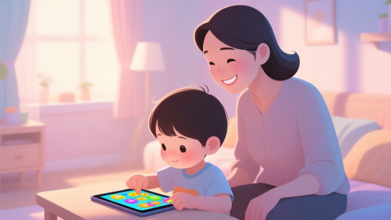 自动生成图片: A cozy, softly lit room with a child playing a colorful educational game on a tablet, a parent watching over their shoulder with a warm smile, pastel color scheme, gentle shadows, digital art style high quality illustration, detailed, 16:9