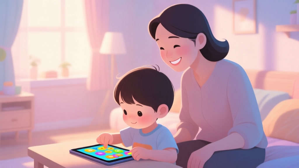 A cozy, softly lit room with a child playing a colorful educational game on a tablet, a parent watching over their shoulder with a warm smile, pastel color scheme, gentle shadows, digital art style high quality illustration, detailed, 16:9