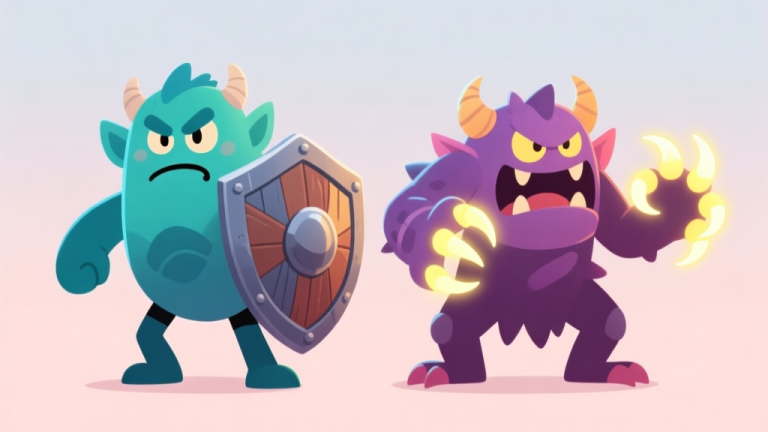 自动生成图片: A friendly, cartoon-style illustration of two contrasting fantasy monsters standing side by side, one looking defensive with a shield, the other looking offensive with glowing claws, on a simple pastel-colored background high quality illustration, detailed, 16:9