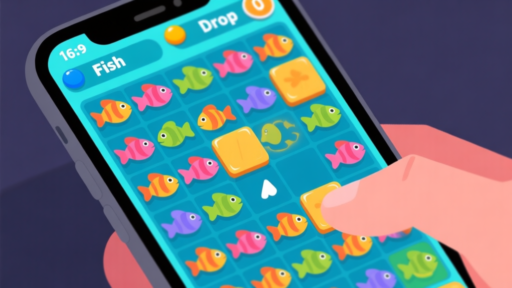 A close-up of a smartphone screen showing a colorful Fish Drop game level with many fish tiles, a nearly full grid, and one move left, conveying a sense of tension and puzzle challenge, in a flat illustration style high quality illustration, detailed, 16:9