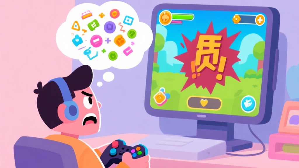 A frustrated gamer looking at a screen showing a defeat screen in a colorful, cartoonish mobile game, with a thought bubble showing chaotic strategy icons, soft pastel color palette high quality illustration, detailed, 16:9