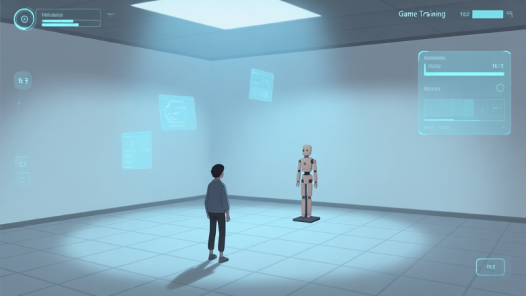 自动生成图片: A serene, minimalist game training room interface with a lone character standing on a grid floor, facing a stationary dummy. Soft blue and grey lighting, clean HUD elements floating in the air, conveying a sense of focus and practice high quality illustration, detailed, 16:9