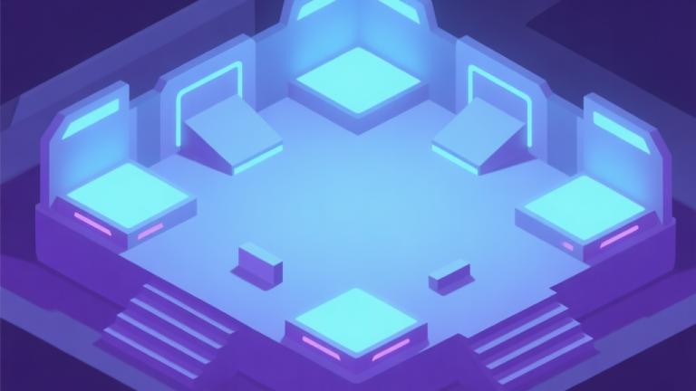 自动生成图片: A minimalist isometric illustration of a sleek, sci-fi arena with glowing platforms and simple geometric obstacles, soft blue and purple lighting, viewed from a top-down perspective, clean lines and soft shadows high quality illustration, detailed, 16:9