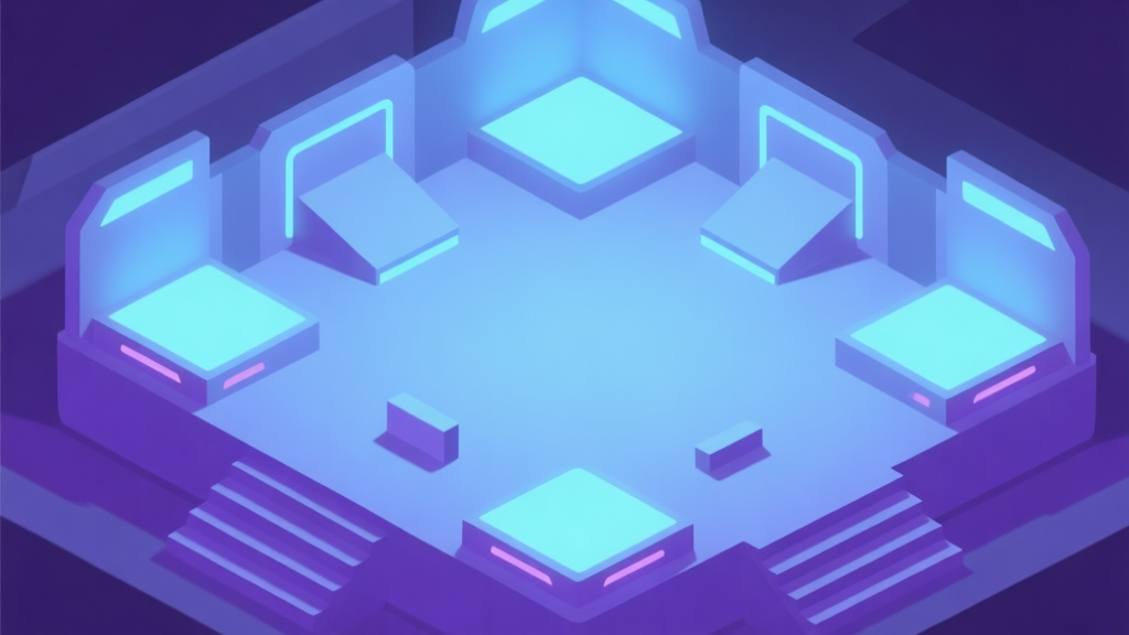 A minimalist isometric illustration of a sleek, sci-fi arena with glowing platforms and simple geometric obstacles, soft blue and purple lighting, viewed from a top-down perspective, clean lines and soft shadows high quality illustration, detailed, 16:9
