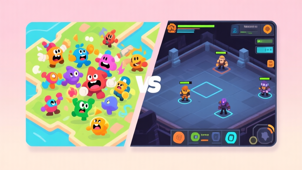 Split-screen comparison illustration showing two distinct game arena styles. Left side: chaotic, colorful cartoonish characters with exaggerated abilities in a bright map. Right side: more tactical, darker-toned characters with clean UI in a structured arena. Soft pastel background. high quality illustration, detailed, 16:9