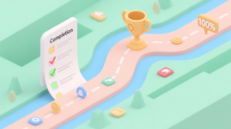 自动生成图片: A minimalist, isometric illustration of a game completion checklist turning into a flowing roadmap, with soft pastel colors like mint green, light blue, and peach, showing a clear path from scattered icons to a 100% trophy high quality illustration, detailed, 16:9