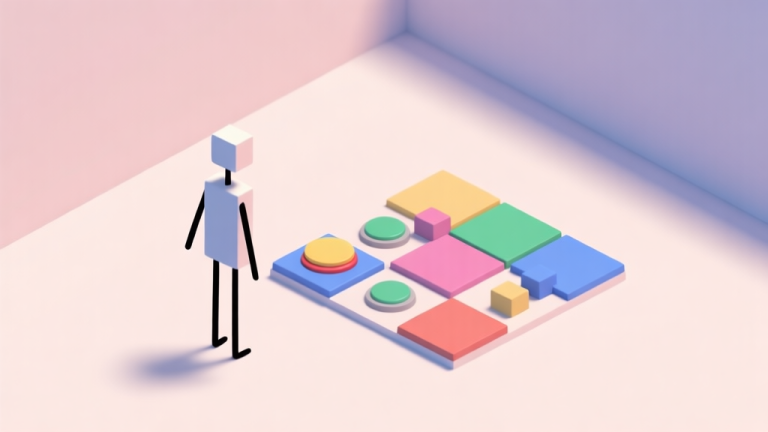 自动生成图片: A minimalist isometric room with a simple stickman figure facing a puzzle involving colored pressure plates and movable blocks, soft pastel colors, clean lines, conveying a sense of logical challenge high quality illustration, detailed, 16:9