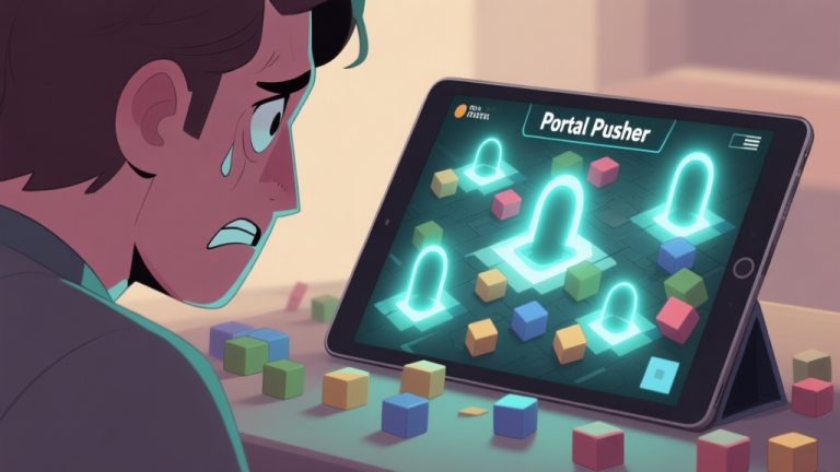 自动生成图片: A frustrated player staring at a complex Portal Pusher puzzle screen on a tablet, with glowing portals and blocks scattered in a confusing manner, soft lighting, muted colors high quality illustration, detailed, 16:9