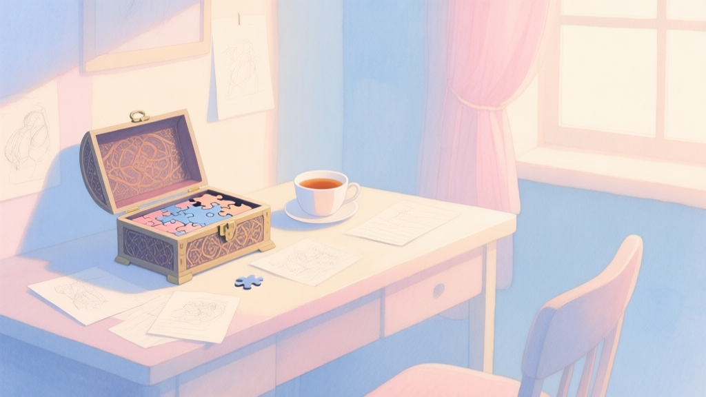 A cozy, softly lit room in a watercolor style, with a desk holding an open, intricate puzzle box, a cup of tea, and scattered notes with faint sketches. Pastel colors dominate – muted blues, gentle pinks, and warm cream. high quality illustration, detailed, 16:9
