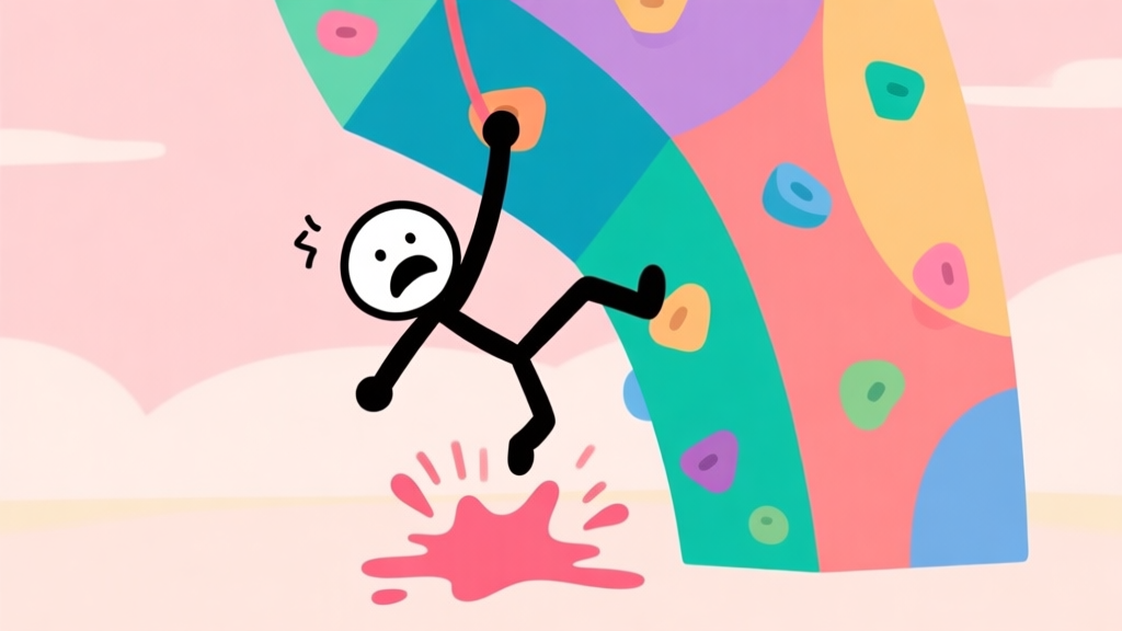 A frustrated stickman character falling from a colorful, abstract climbing structure, with a comical "splat" effect at the bottom, flat cartoon style, soft pastel colors high quality illustration, detailed, 16:9