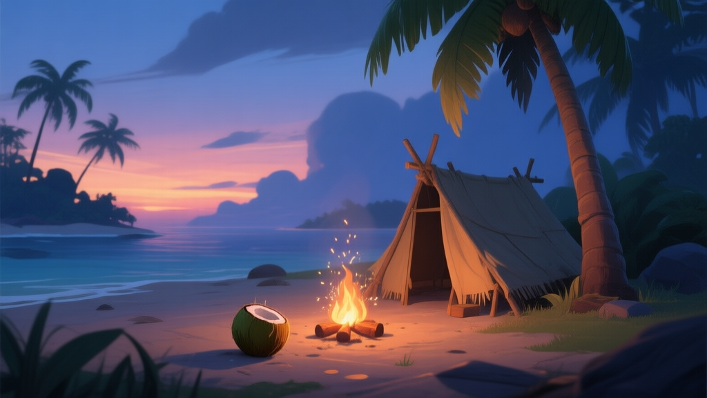 A serene yet slightly tense game scene of a tropical island at dusk, with a simple lean-to shelter partially built next to a palm tree, a campfire starting to spark, and a water coconut on the ground. Soft, warm sunset colors with hints of deep blue in the shadows. high quality illustration, detailed, 16:9