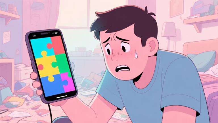 自动生成图片: A frustrated gamer looking at a colorful puzzle screen on a mobile device, soft pastel color palette, confused expression, messy room background high quality illustration, detailed, 16:9