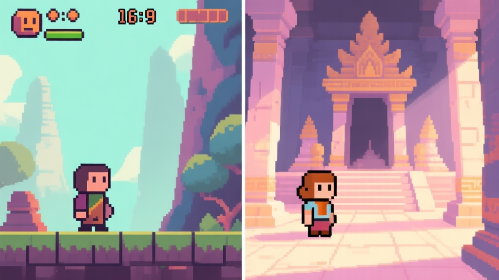 Side-by-side comparison of a retro pixelated game scene and a modern, cleanly remastered version of the same scene, showing a character in a temple, soft lighting, pastel color palette high quality illustration, detailed, 16:9