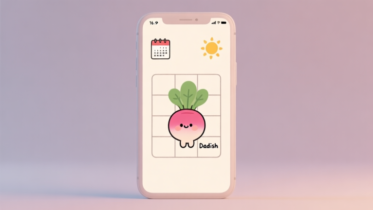 自动生成图片: A cozy, minimalist illustration of a smartphone screen showing a cute radish character (Dadish) on a simple puzzle grid, with a calendar and a sun icon in the background, soft pastel colors high quality illustration, detailed, 16:9