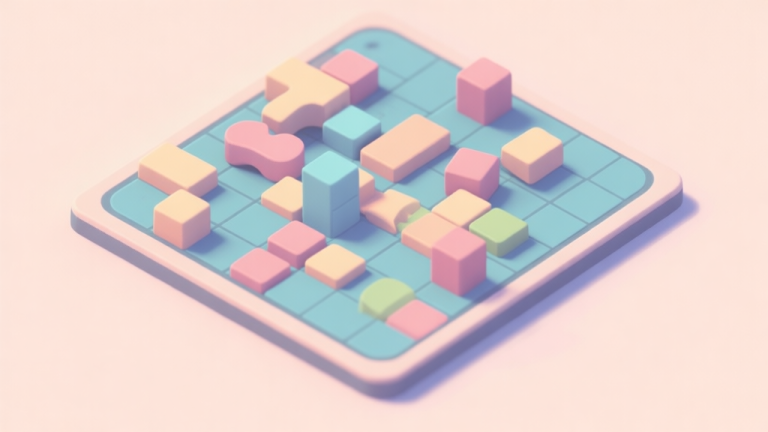自动生成图片: A top-down view of a Blockins-style game grid in a difficult state, with mismatched odd-shaped blocks cluttering the board, soft pastel color palette, clean minimalist game art style high quality illustration, detailed, 16:9