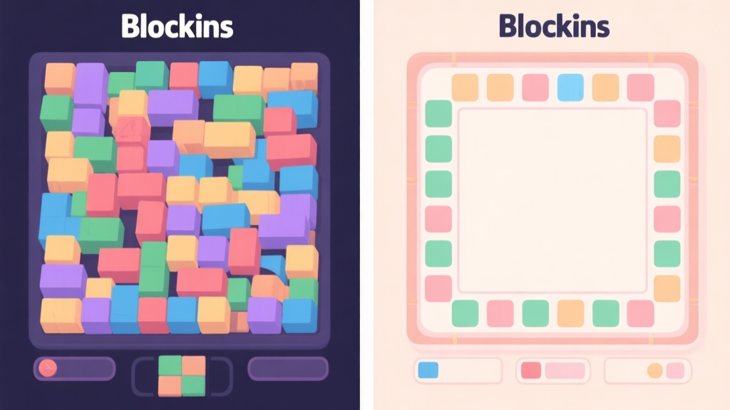 A side-by-side comparison of two Blockins game boards early game. Left side shows chaotic, cramped block placement. Right side shows clean, organized placement with clear space in the center, soft pastel color scheme, clean lines high quality illustration, detailed, 16:9