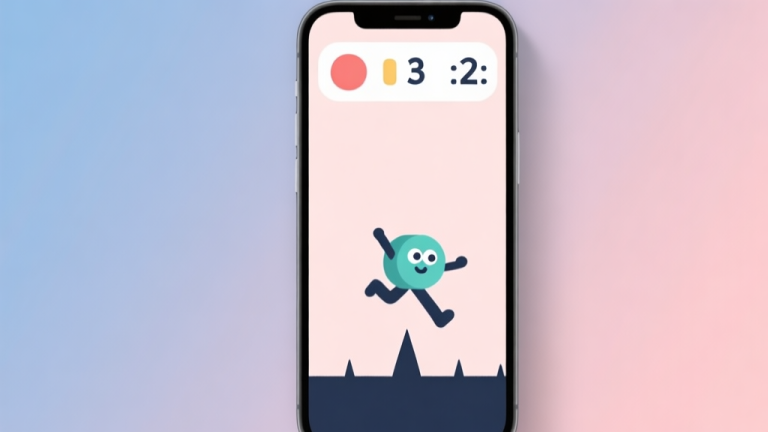 自动生成图片: A minimalist smartphone screen showing a simple one-button bounce game character mid-jump over a spike, with a clean score counter at the top, pastel color palette, flat design high quality illustration, detailed, 16:9