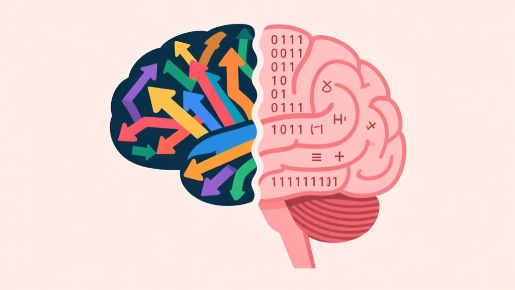 A minimalist illustration of a human brain split in half, one side showing colorful chaotic arrows and the other side showing neat binary code and logical operators, on a soft pastel background high quality illustration, detailed, 16:9