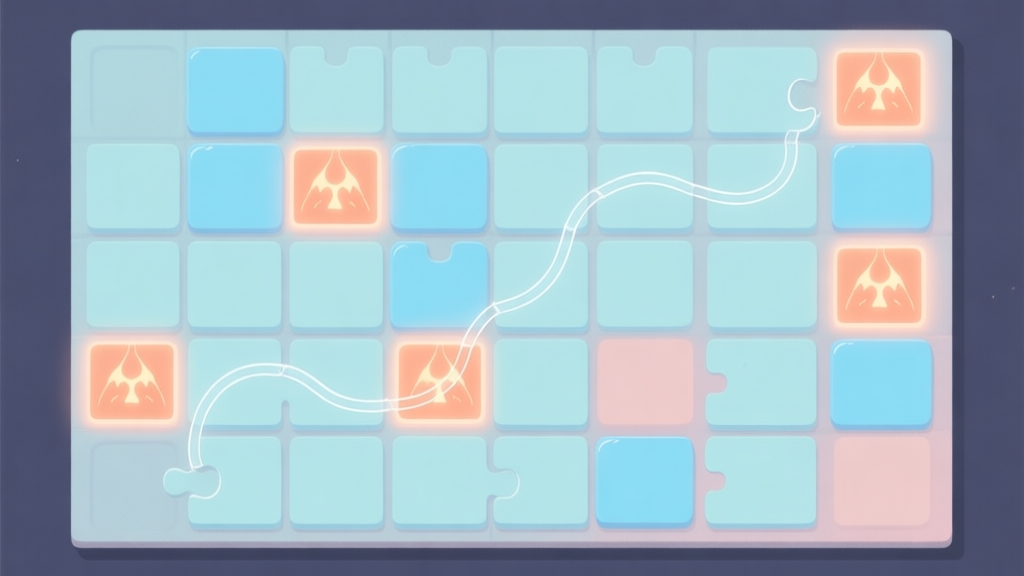 A minimalist, top-down view of a puzzle game grid with soft pastel colors. Some tiles are safe (light blue), while others contain subtle, glowing hazards (soft orange). A clear, winding "path" of connected safe tiles cuts through the center, illustrating the concept of a safe line or "mine line". high quality illustration, detailed, 16:9