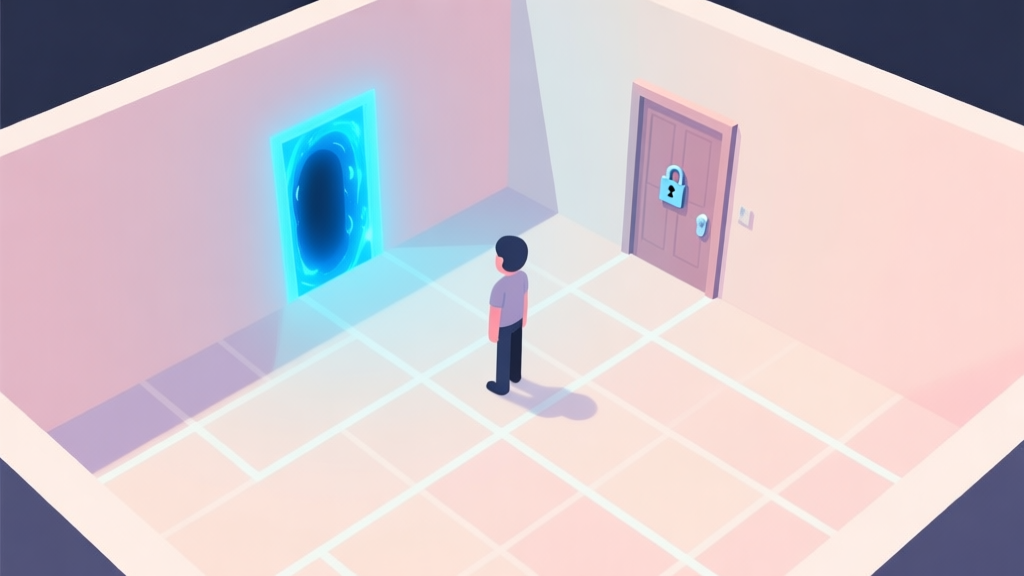 A top-down view of a minimalist puzzle game level, featuring a character standing between a glowing blue return portal and a locked door, with clear grid-based movement paths, soft pastel colors, and a sense of confusion and possibility high quality illustration, detailed, 16:9