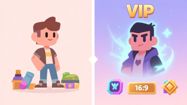 自动生成图片: A split-screen illustration showing a casual player character on one side with basic items, and a VIP player character on the other side with subtle visual effects and exclusive cosmetic items, in a soft pastel color palette, minimalist game art style high quality illustration, detailed, 16:9