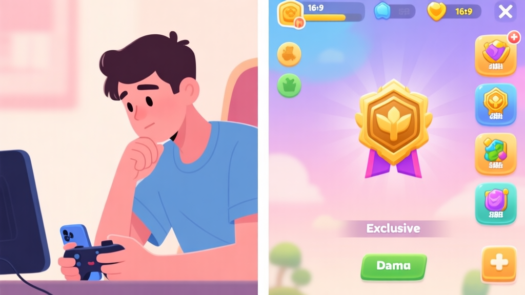 A split-screen illustration showing a casual mobile gamer looking thoughtful on one side, and a vibrant game UI with premium badges and exclusive items on the other, in a soft pastel color palette high quality illustration, detailed, 16:9